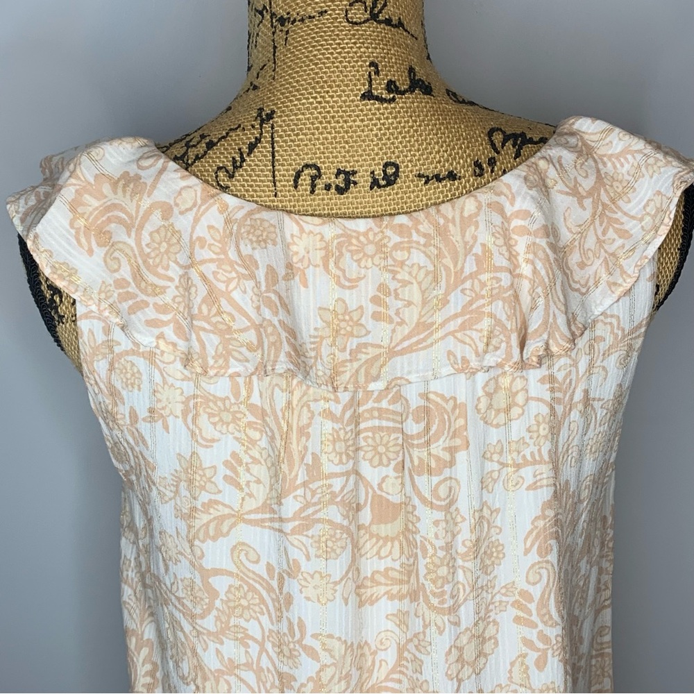 LOFT Shimmer Ruffle Sleeveless V-Neck Lined Shell with Tan Paisley Print - Picture 4 of 11